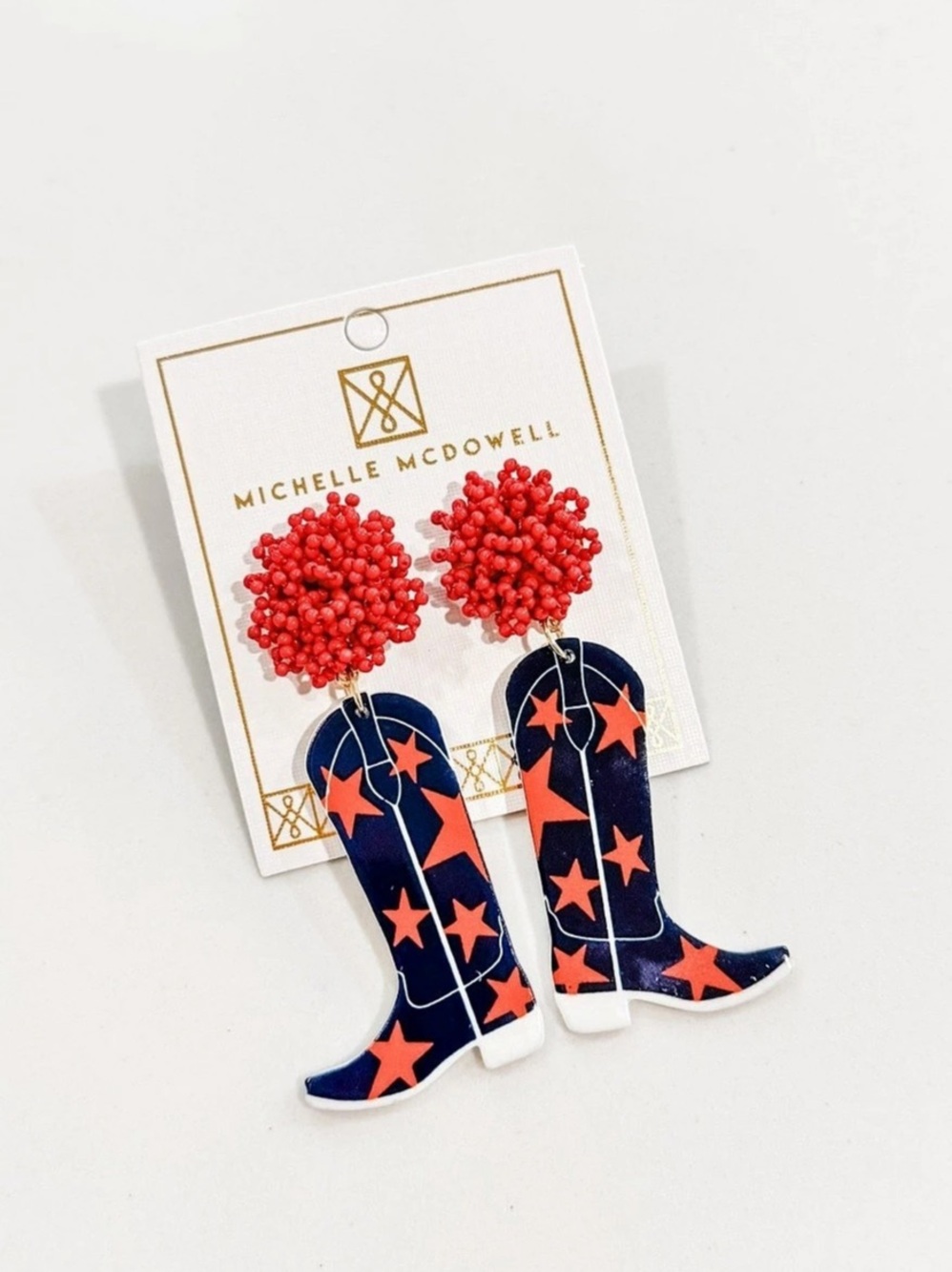 MICHELLE McDOWELL Cowboy Boot Earrings Navy & Orange